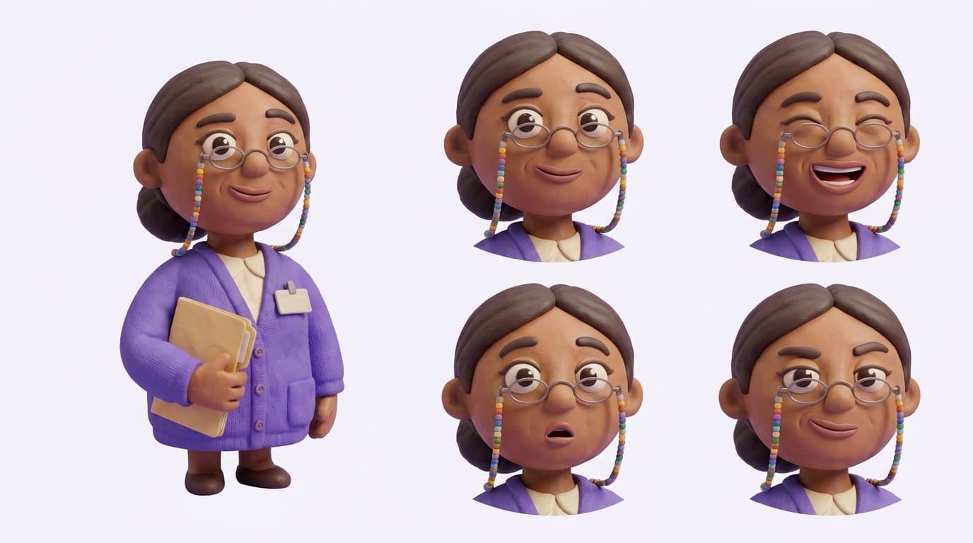 Hoja de expresiones de Lupita: cuerpo completo y cuatro gestos